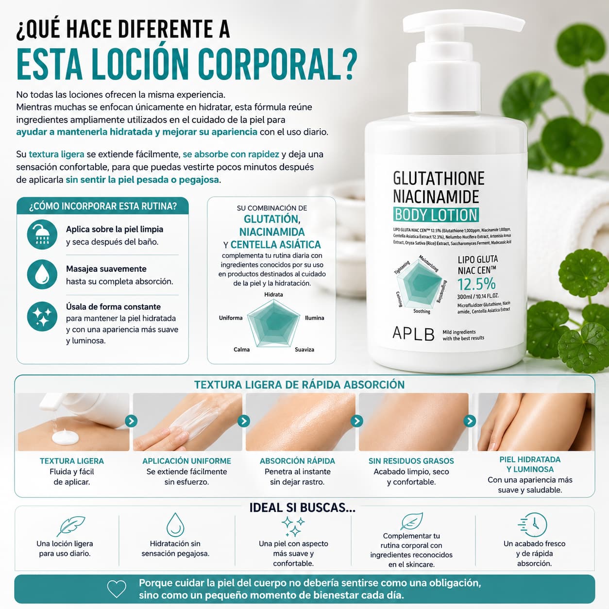 Crema corporal coreana APLB para una piel hidratada, suave y luminosa