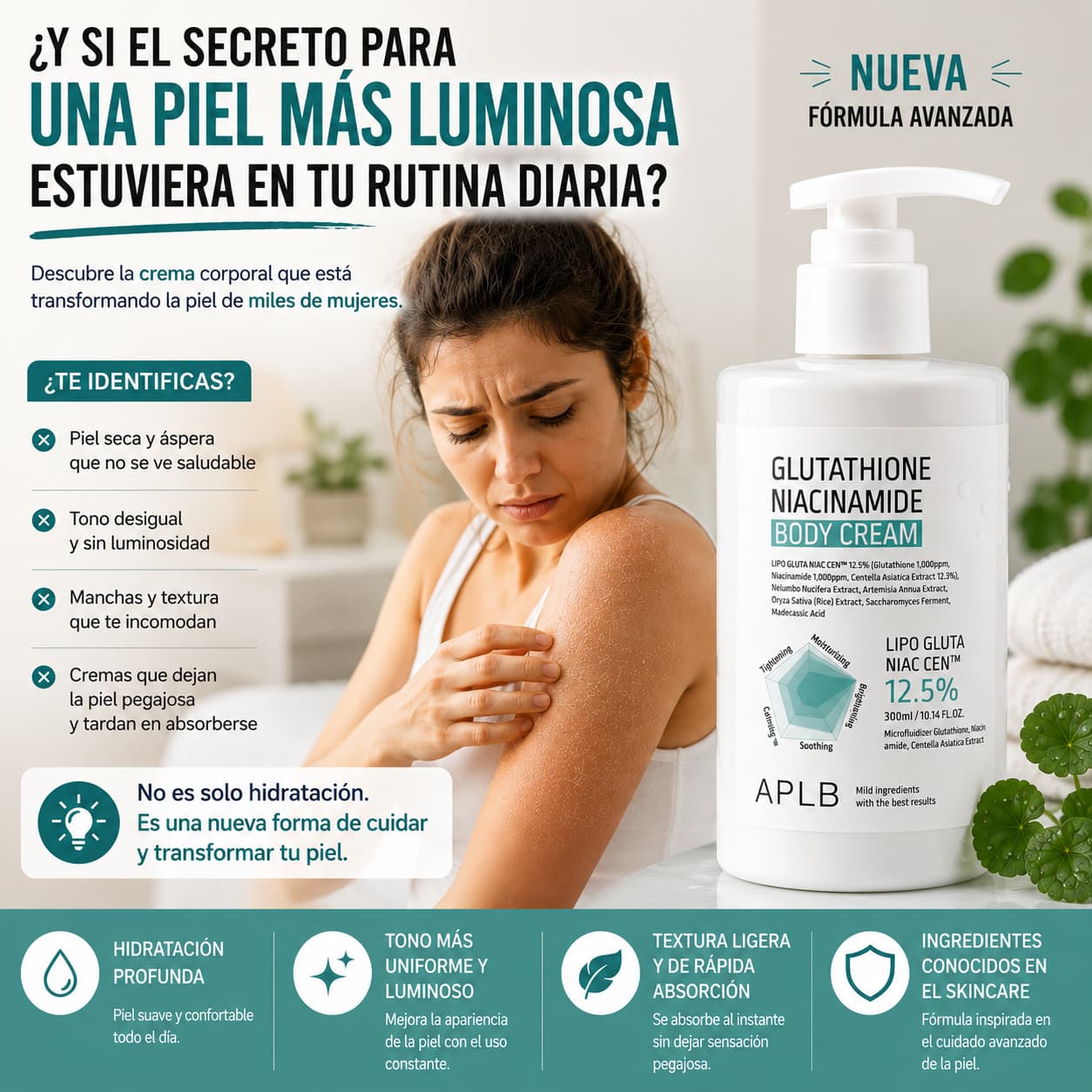 Crema corporal coreana APLB para una piel hidratada, suave y luminosa